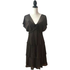 Liz Claiborne Brown Polka Dot Chiffon Dress Size 8 Tiered V-Neck Vintage